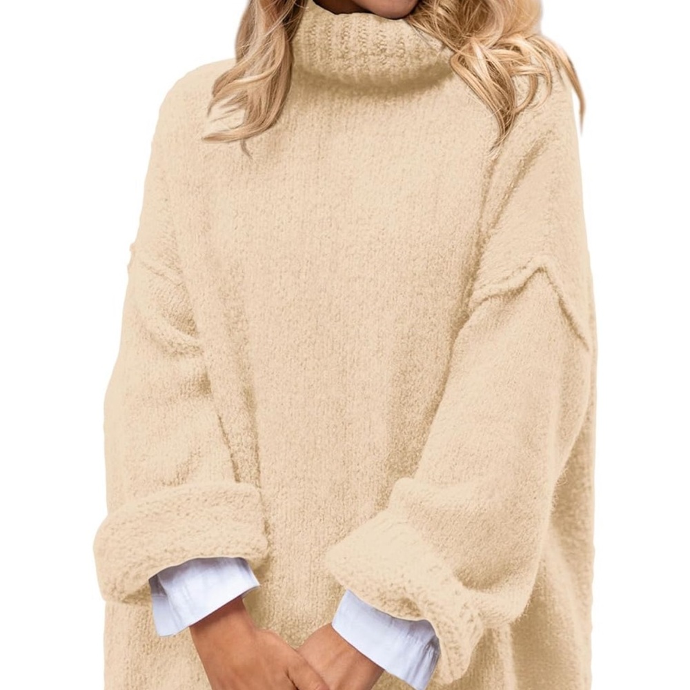 Women's Beige Turtleneck Sweater - Relaxed Knit